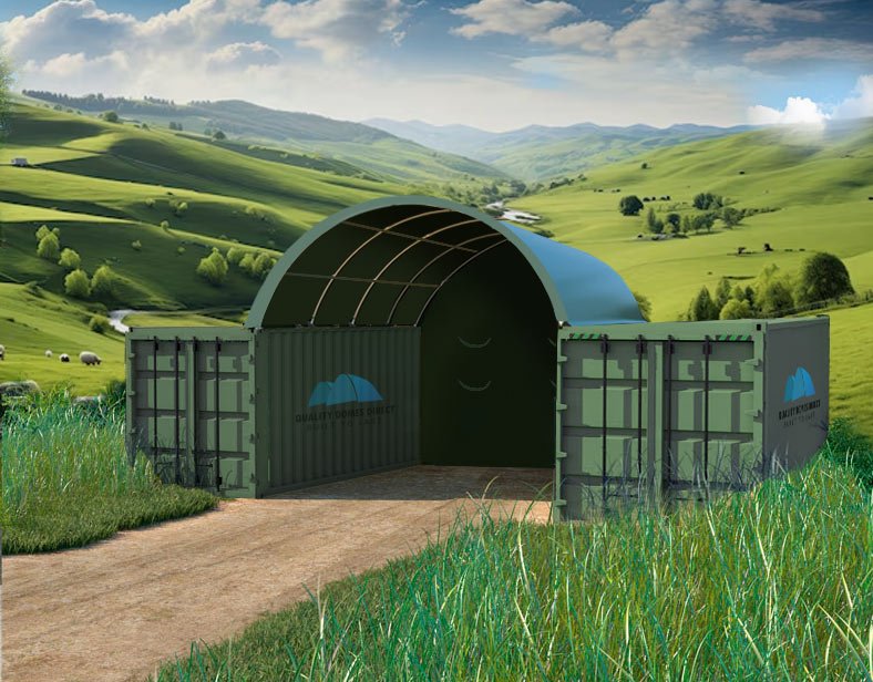 20x20ft (6x6m) shipping container dome shelter green incl semi permanent end wall. 20x20ft (6x6m) shipping container dome shelter green incl semi permanent end wall.